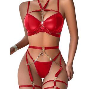 🆕Women Red Sexy Pu Leather Strappy Underwire Garter Belt Lingerie Set